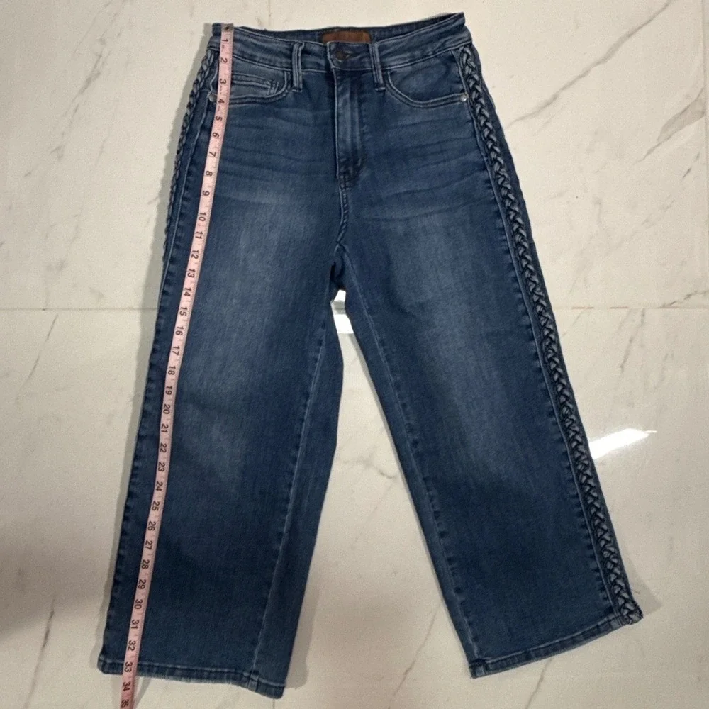Judy Blue Wide Leg Jeans Womens 5/27 Blue Excellent Braided Side Seam Stretch